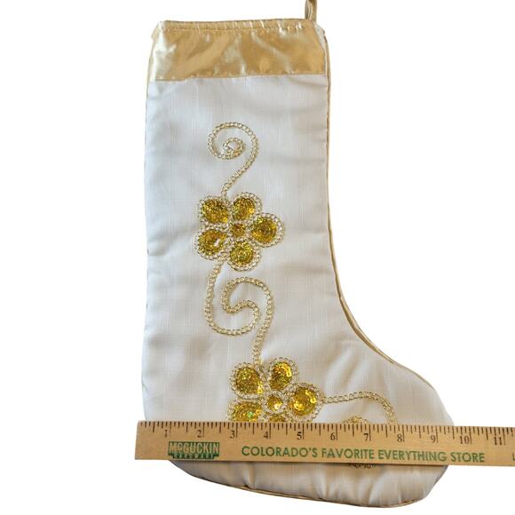 Gold White Christmas Stocking Sequin Floral 17" Satin Beaded Holiday Decor - Picture 6 of 12